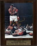 Lot# 381 MOHAMMAD ALI AUTOGRAPHED COLOR ACTION PHOTO C1990, H 10", W 8", depicts an 10" x 8" action color photo of Mohammad Ali standing over Sonny Liston in a boxing match. Signed by Mohammad Ali and having a brass plate inscribed: "Mohammad Ali Heavyweight Title Defense Knocks Out Sonny Liston May 25, 1965"; mounted on a wood plaque under clear acrylic.