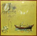 Lot# 405 ROONG, ACRYLIC ON CANVAS, 1968, ROWBOAT ON A POND, depicts a rowboat adrift on a pond. Framed. Signed 'Roong' and dated 1968 lower left.