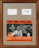 Lot# 391 LUCILLE BALL AND HENRY FONDA CUT AUTOGRAPHS AND MOVIE POSTER, H 15", W 12", having a Lucille Ball cut autograph inscribed: "Love Lucy" and a cut autograph of Henry Fonda, both appear below a small movie placard from the movie "The Big Street", 15" x 12" including autographs, framed and matted under glass.