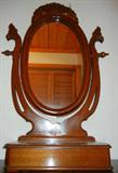 Lot# 437 MAHOGANY STANDING DRESSER MIRROR WITH STORAGE BOX, H 35", W 23", D 8", Carved crest of flowers. Mirror tilts.