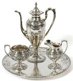 Lot# 1006 DOMINICK & HAFF STERLING COFFEE SET WITH TRAY, FOUR PIECES, Including 1 coffee pot, H.11 1/2" 1 creamer, 1 sugar bowl, and 1 tray, Dia.12 7/8"; neoclassical pattern, all pieces stamped with the Dominick & Haff trademark, the hollow ware with number 1396 A, and the tray number 1492. Retailed by Wright, Kay & Co. Totaling approximately 69.35 troy oz. From the Estate of Walter Connolly, Grosse Pointe Farms, Mi.