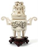 Lot# 1010 CHINESE CARVED IVORY INCENSE BURNER, H 12", W 12", Foo dogs as the finial, on claw feet. Size does not include stand. From the Collection of John P. O'Hara, Bloomfield Hills, Mich.
