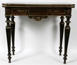 Lot# 1015 LOUIS XVI STYLE MAHOGANY & BRASS INLAID GAMES TABLE, H 31", L 35", D 17", CLOSED, Gilt bronze ormolu, brass inlay with tapered fluted legs.