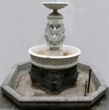 Lot# 1017 CARRARA MARBLE FOUNTAIN, H 60", W 36", D 30", Having a large circular basin surmounted by a column with hand-carved swans. Purchased from the William A. Fisher home, Detroit. The original sculpture at the top has been removed. Preview this fountain by appointment at the Bloomfield Hills residence. From the Collection of John P. O'Hara, Bloomfield Hills, Mich.