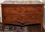Lot# 1018 FRENCH CARVED WALNUT TWO-DRAWER CHEST, ANTIQUE, H 35 1/2", W 48", D 25", Fitted with two drawers, an urn flanked by floral sprigs carved at the apron. From the Estate of Walter Connolly, Grosse Pointe Farms, Mi.
