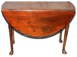 Lot# 1024 GEORGIAN MAHOGANY DROP-LEAF TABLE, 18TH C., H 29 1/2", W 15" (CLOSED), L 42", An oval top flanked by drop leaves, each measuring 15 1/2" wide (opens to 46", on gate leg support), with a scalloped apron at either end, on straight legs ending in drake feet.