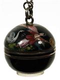 Lot# 1049 BUCHERER ENAMELED SILVER PENDANT WATCH ON CHAIN, Sphere form enamel on silver vintage lady's watch. On white gold chain. Circa 1890. With original C. Bucherer, Lucerne box. Silver 925.