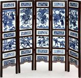 Lot# 1070 CHINESE BLUE & WHITE PORCELAIN FIVE-PANEL WALL SCREEN, C. 1840, H 27", 32" OVERALL, W 34" OVERALL, Screen is a total of 30 porcelain plaques, ten of which have figural scenes. Mounted in wood frame.