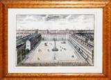 Lot# 1079 JOHN BOWLES (18TH C.), HAND-COLORED ENGRAVING, 1731, 19" X 13", 'LINCOLN'S INN NEW SQUARE', In two sheets, under glass, matted, in a bird's eye maple frame. From the Estate of Walter Connolly, Grosse Pointe Farms, Mi.