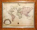 Lot# 1080 JACQUES NICOLAS BELLIN (1703-1772), HAND-COLORED ENGRAVING, 20" X 26", MAP OF THE TERRESTRIAL GLOBE, Two conjoined sheets, under glass, matted, in a bird's eye maple frame. Phillippe Buache and Josef-Nicholas Delisle. Mer du Sud, Africa, From the Estate of Walter Connolly, Grosse Pointe Farms, Mi.