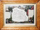Lot# 1082 V. LEVASSEUR, FRENCH MAP, ATLAS NATIONAL ILLUSTRE, 1852, 11" X 17", 'DEPT. DE PUY DE DOME', Under glass, matted, in a bird's eye maple frame. The map proper is surrounded by elaborate decorative engravings designed to illustrate both the natural beauty and trade richness of the land. There is a short textual history of the regions depicted on both the left and right sides of the map. Published by V. Levasseur in the 1852 edition of his Atlas National de la France Illustree. Date 1852 (undated) From the Estate of Walter Connolly, Grosse Pointe Farms, Mi.