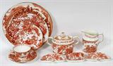 Lot# 1085 ROYAL CROWN DERBY 'RED AVES' PORCELAIN DINNER/LUNCHEON SERVICE, 76 PIECES, Including 12 dinner plates, Dia.10 1/4", 7 luncheon plates, Dia.9 1/4", 8 salad plates, Dia.8 1/4", 13 bread-and-butter plates, 16 cups and 15 saucers, as well as 1 creamer, 1 covered sugar bowl, 2 shell-form dishes, and 1 small dish.
