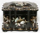 Lot# 1095 VICTORIAN BLACK PAPIER MACHE, MOTHER-OF-PEARL INLAID & GILT TEA CADDY, MID 19TH C., H 5 3/4", W 8", Inlaid mother-of-pearl overall with gilt accents, the hinged cover opens to two lids, raised on four feet. Measures H.5 3/4" x 8" x 5 1/2". From the Estate of Walter Connolly, Grosse Pointe Farms, Mi.