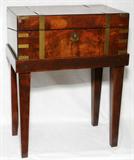 Lot# 1100 ENGLISH BURL WALNUT & BRASS LAP DESK ON STAND, MID 19TH C., H 21", W 16 1/2", Rectangular burl walnut hinged case with brass banding, opens to red tooled leather writing surface and compartments, raised on a newer stand, H.21" x 16 1/2" x 10 1/4" overall. From the Estate of Walter Connolly, Grosse Pointe Farms, Mi.
