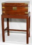 Lot# 1102 ENGLISH ROSEWOOD & BRASS LAP DESK ON STAND, MID 19TH C., H 23", W 14 1/2", Rectangular rosewood hinged case with brass banding, opens to black tooled leather writing surface and compartments, raised on a newer stand, H.23" x 14 1/2" x 10" overall. From the Estate of Walter Connolly, Grosse Pointe Farms, Mi.