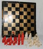 Lot# 1178 IVORY CHESS PIECES SET, H 3" (TALLEST), Natural ivory and tinted red, in a lacquered box/board. From the Collection of John P. O'Hara, Bloomfield Hills, Mich.