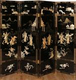 Lot# 1180 CHINESE BLACK LACQUER & MOTHER-OF-PEARL FOUR-PANEL COROMANDEL SCREEN, H 70", L 70", Depicting female figures in garden scenes with flowers.