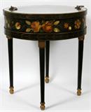 Lot# 1245 CURIO TABLE, C. 1950, H 24", DIA 22", Painted base. Glass top.