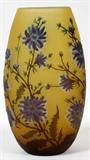Lot# 1307 AFTER GALLE GLASS VASE, H 10 1/2", Yellow ground with blue flowers & leaves.