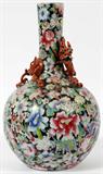 Lot# 1334 CHINESE FAMILLE NOIR PORCELAIN VASE, 19TH. C, H 15 1/2", Bulbous body with an elongated neck, wound by a dragon. Stamped six character mark in red along with "China" in red on the base (see photo). Some damage.