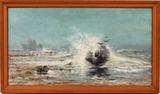 Lot# 1340 R.D. (20TH C.), OIL ON CANVAS, 20" X 36", 'VIEW NEAR MEXICAN SEA', Depicting a rocky shoreline seascape with troubled seas. Signed lower right (see photo), titled on the reverse, and framed.