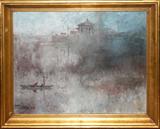Lot# 1345 HSIEH HSIA DE (20TH C.), OIL ON BOARD, 15" X 18", LANDSCAPE, Misty setting with figure in boat at the mid ground, a temple in the distance. Possibly Chinese or Taiwanese. Label from Brazil. From the estate of Gerry Culpepper, Northville, Mi.