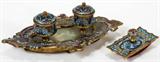 Lot# 1362 FRENCH CHAMPLEVÉ & ONYX TWO-PIECE DESK SET, L 8 1/4", Featuring a champlevé and onyx in stand with two reservoirs accompanied by a blotter.