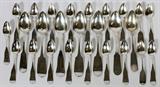 Lot# 1383 COIN SILVER SPOONS (26), MOST BY FORBUSH, 19TH C., Seven soup spoons @ 8 3/4": Two are early Gorham and marked sterling; three are coin impressed M.C. Haight; one stamped R. H. Bailey; one stamped Forbush. Nineteen teaspoons: 17 are matching by R. O. Forbush and engraved "E. Davis". Two teaspoons are by M. C. Haight. Belonged to Elizabeth Davis Forbush. Early 19th.c.