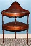 Lot# 1433 MAHOGANY CORNER STAND C 1940, H 33", D 15", One drawer.