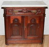 Lot# 1438 VICTORIAN MAHOGANY WASH STAND WITH MARBLE TOP, C. 1880, H 30", W 31", AS IS, No back. Circa 1880. D. 16". Original brass drawer handles.