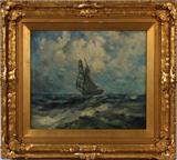 Lot# 2002 ROBERT HOPKIN, USA OIL ON CANVAS 12" X 14" SEASCAPE, Signed on front lower left. Also signed on back of canvas. Originally from the Edward Germain estate, Saginaw, Mich. And thus by descent. In same family for three generations.