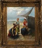 Lot# 2001 L. LAURENTY, FRENCH OIL ON CANVAS, 23" X 20", DUTCH SEASHORE SCENE WITH 3 LADIES, Figures near seashore. Size is canvas only. From the Edward Germain estate, Saginaw. C. 1900-1940; signed lower right; gilt frame.