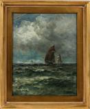 Lot# 2003 ROBERT HOPKIN [AMERICAN 1832-1909] OIL ON MAHOGANY PANEL 16 1/4" X 12 1/4" SHIPS AT SEA, Signed lower right and framed under glass.