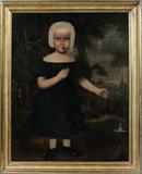 Lot# 2006 AMERICAN PRIMITIVE OIL ON CANVAS C 1800 34" X 27" CHILD IN FLUTED CAP, Circa 1800. Not signed. Nice period gilded frame. 34 3/4" X 27 1/2" canvas size.