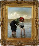 Lot# 2014 F. PERCY WILD, UK 1866 - 50 OIL ON CANVAS 18" X 14', Signed. Child and mother at beachside.