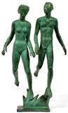Lot# 2024 CARL MILLES (1875-1955), BRONZE SCULPTURE, H 25", W 15 1/2", A running male and female; signed "C. Milles", green patina. Carl (Wilhelm Emile) Milles, Swedish, 1875-1955. Runners as in Resurrection Fountain, Washington, DC. From the Collection of John P. O'Hara, Bloomfield Hills, Mich.