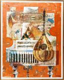Lot# 2068 JOSE LA PAYESE DEL RIO (1926-), OIL ON CANVAS, C. 1970, 38" X 28", STILL LIFE, Depicting a stringed instrument, piano keys, and horn; signed "La Payese/Del Rio" lower right.  Purchased at Galleria Kreisler [Chrysler], Madison Ave., New York in 1970.  Jose La Payese Del Rio, Spanish; born in Madrid in 1926. From the Collection of John P. O'Hara, Bloomfield Hills, Mich.