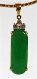 Lot# 2078 18KT YELLOW GOLD JADE AND DIAMOND PENDANT, Jade oval cabochon set in a pendant with 3 diamonds at 10 points for a total of 30pts. The pendant and chain are 18kt yellow gold. Pendant is marked 750 HKJ and chain is marked 750.