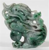 Lot# 2085 JADE CARVED DRAGON SCULPTURE, 6 1/4" X 4 1/2" X 1 1/2", White, green, brown and black coloration.