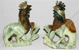 Lot# 2088 CARVED HARDSTONE STANDING ROOSTERS, PAIR, H 28", L 22 1/2", Brown head with green body. Flower and leaf at the base.