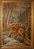 Lot# 2101 CHINESE, SILK EMBROIDERY, LIONS, 71" X 46", Gilt frame.