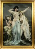 Lot# 2102 MIXED MEDIA ON FABRIC, THREE SIRENS, 53" X 37"