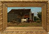 Lot# 2131 EUROPEAN OIL ON CANVAS, C. 1850-1910, 12" X 20", FARM SCENE, Depicts a father and son pulling brown and white horses out of barn. Illegibly signed lower right, gilt wood and gesso frame.