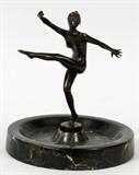 Lot# 2161 JOSEF LORENZL [AUSTRIA 1892 -1950] ART DECO BRONZE AND MARBLE ASHTRAY H 9", DIA 7 1/2", The bronze nude female is H 7 1/4", marked Lorenzl Austria and sits on a marble ashtray H 1 1/4", Dia 7 1/2"