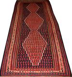 Lot# 2197 SOUTH AMERICAN WOOL WOVEN RUG C. 1900 9' X 4', Three large diamond forms. Pink, blue. From the estate of Gerry Culpepper, Northville, Mi.