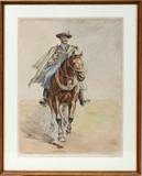 Lot# 2253 ISTVAN BENYOVSZKY (ROMANIAN 1898-1969), HAND COLORED ETCHING, 19" X 14" PLATE, HORSE RIDER, Signed lower right; 19 1/4" x 14 1/8" plate; 20" x 15" sight paper; framed.