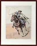 Lot# 2254 ISTVAN BENYOVSZKY, HAND COLORED ETCHING, 19" X 14" PLATE, MAN ON HORSEBACK WITH RIDING CROP, Signed lower right; 19" x 14 1/4" plate; 20" x 15 1/2" sight paper; framed.