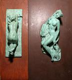 Lot# 2277 PATRICIA BURNETT (20TH C.), PATINATED METAL FIGURAL DOORKNOCKERS, TWO, L 9", One is signed "PHB". Green patina. Mounted on wood boards. Patricia Hill Burnett. From the Collection of John P. O'Hara, Bloomfield Hills, Mich.