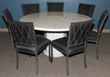 Lot# 2300 MARBLE DINING TABLE & CHAIRS, DIA 58", Grey veined marble round table. Has octagonal base. 7 black metal and upholstered side chairs.