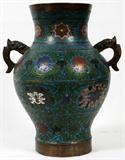 Lot# 2381 CHINESE CLOISONNÉ VASE, H 15", Floral designs, double handles with flared rim and bulbous body. Signed on the underside.